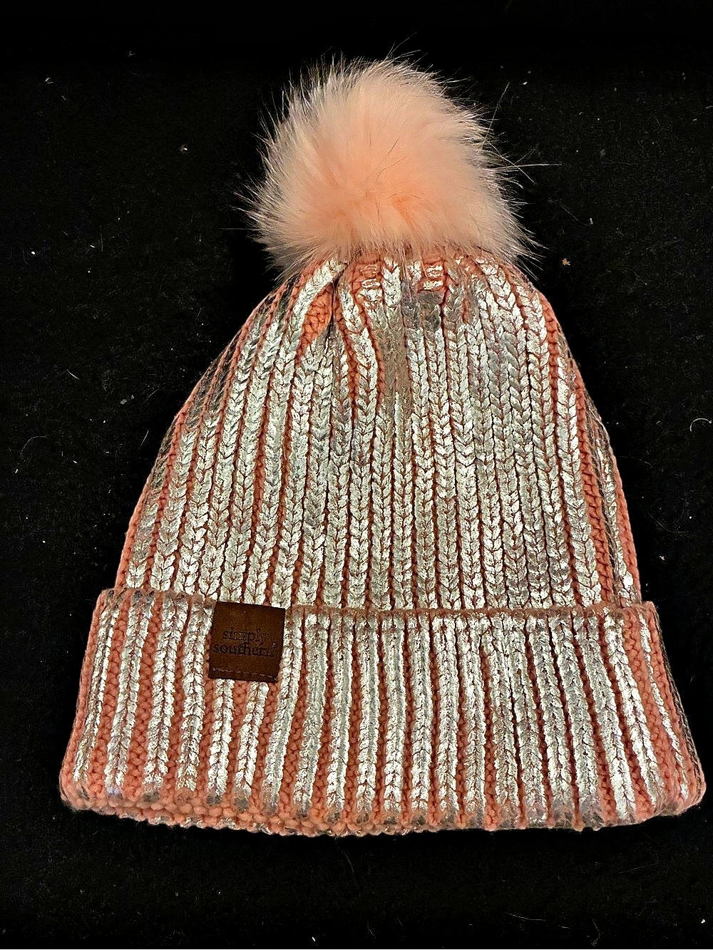 Simply Southern Pom-Pom Beanie in Pink & Silver